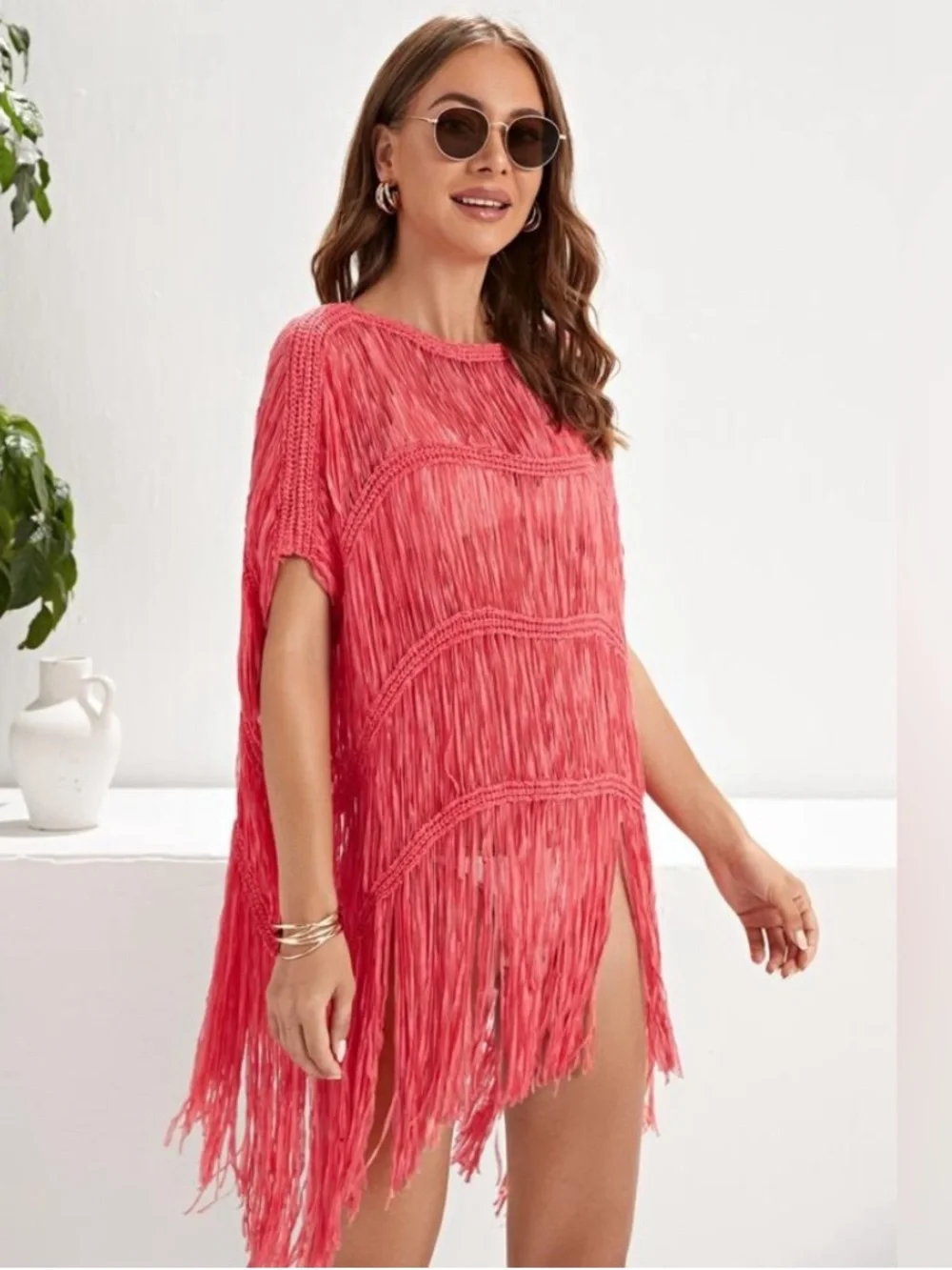 Coral Fringe Swim Cover-Up
